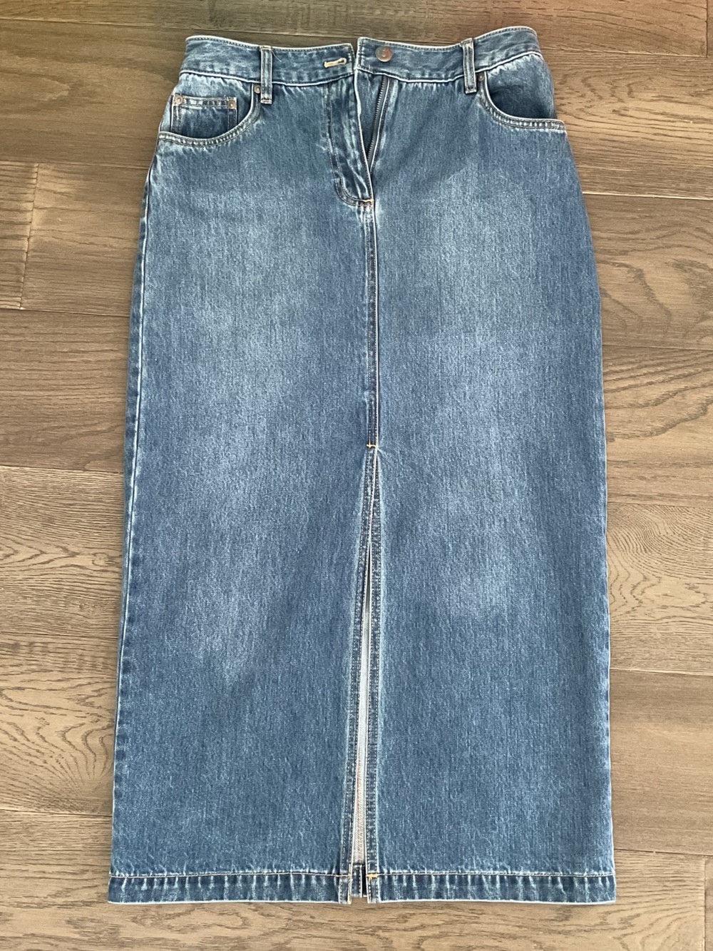 House of Harlow 1960 Blue Denim Midi Skirt with Front Slit